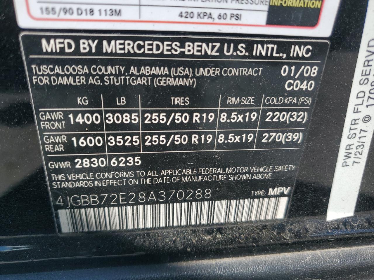 4JGBB72E28A370288 2008 Mercedes-Benz Ml 550
