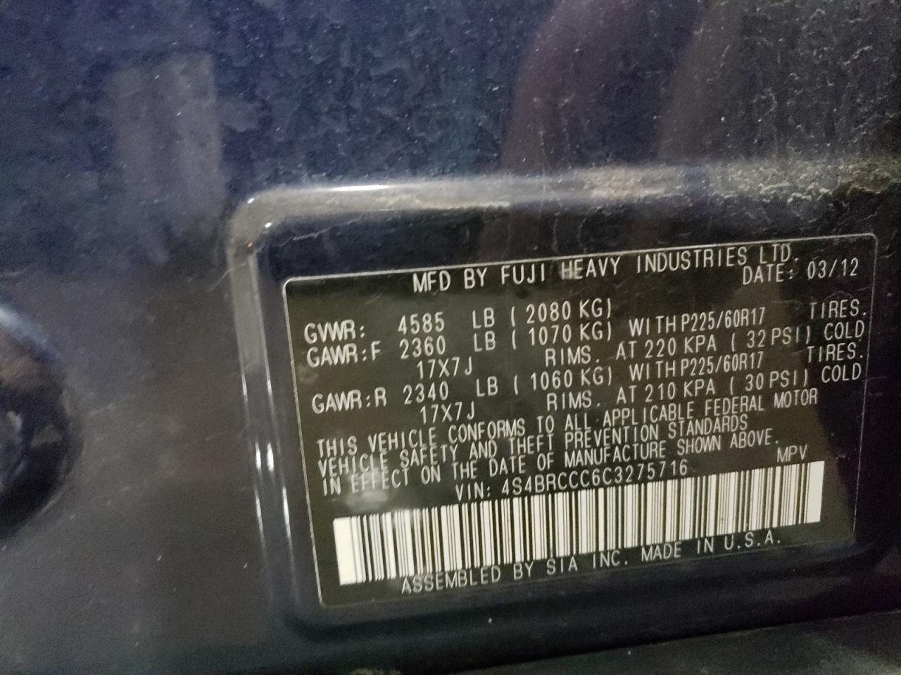 4S4BRCCC6C3275716 2012 Subaru Outback 2.5I Premium