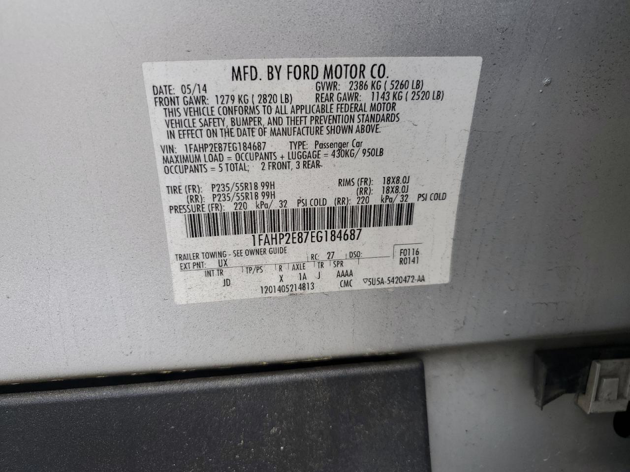 1FAHP2E87EG184687 2014 Ford Taurus Sel