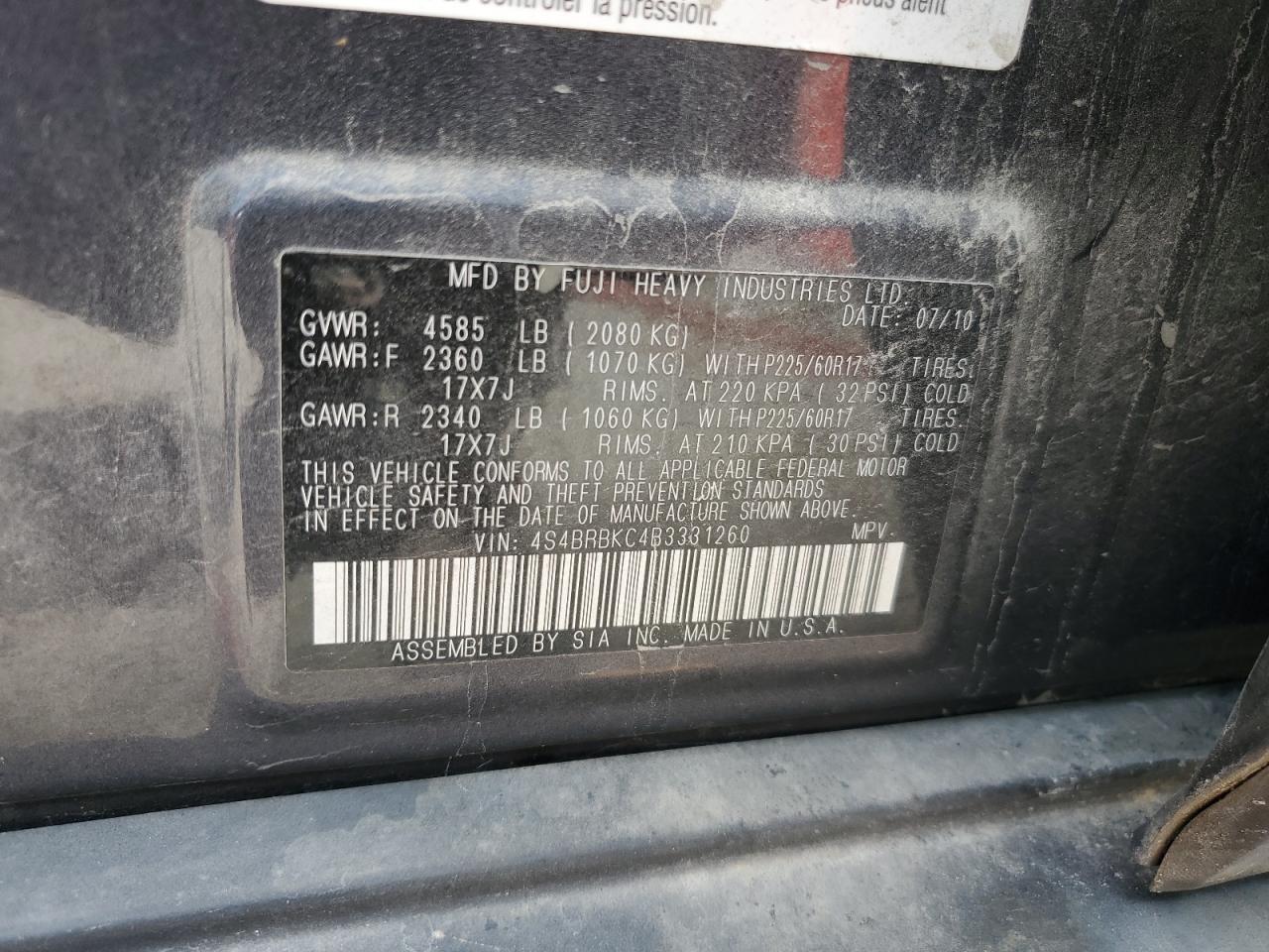 4S4BRBKC4B3331260 2011 Subaru Outback 2.5I Limited