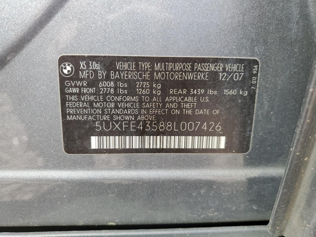 5UXFE43588L007426 2008 BMW X5 3.0I