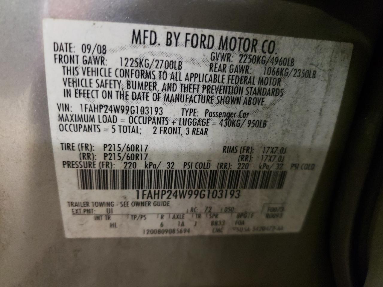 1FAHP24W99G103193 2009 Ford Taurus Sel