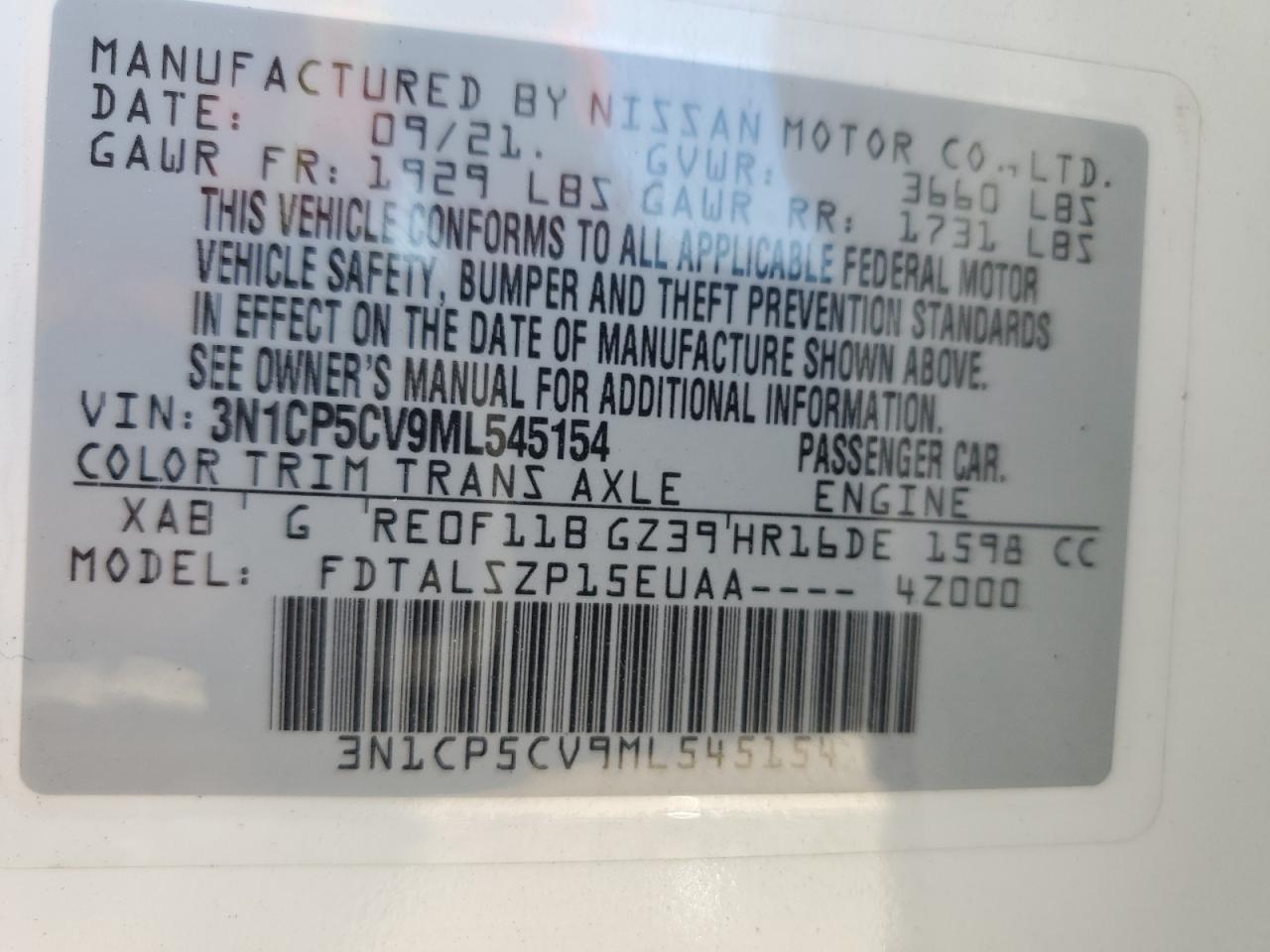 3N1CP5CV9ML545154 2021 Nissan Kicks Sv