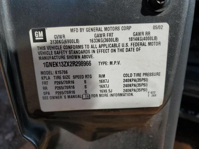 2002 Chevrolet Tahoe K1500 VIN: 1GNEK13ZX2R298966 Lot: 54802484