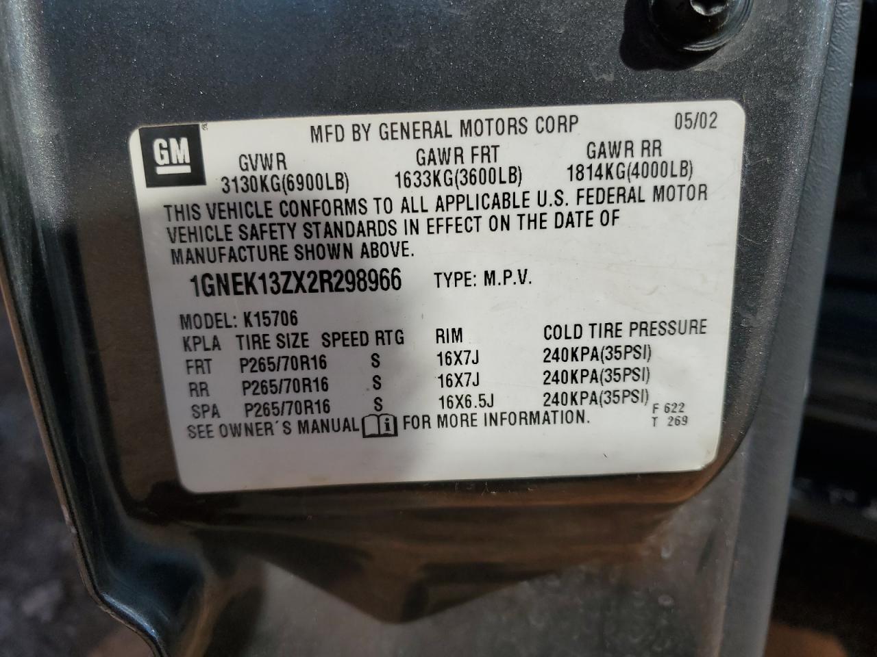 1GNEK13ZX2R298966 2002 Chevrolet Tahoe K1500