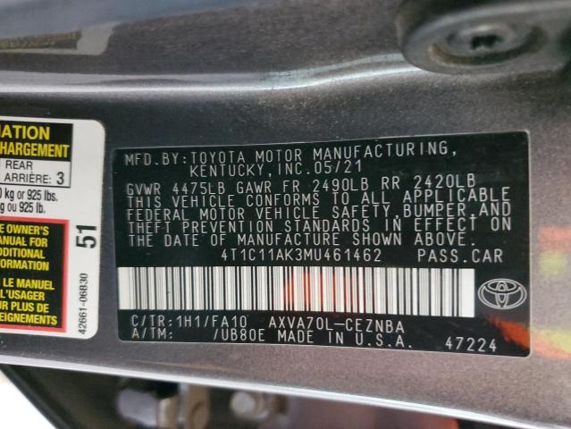 2021 Toyota Camry Le VIN: 4T1C11AK3MU461462 Lot: 54748774