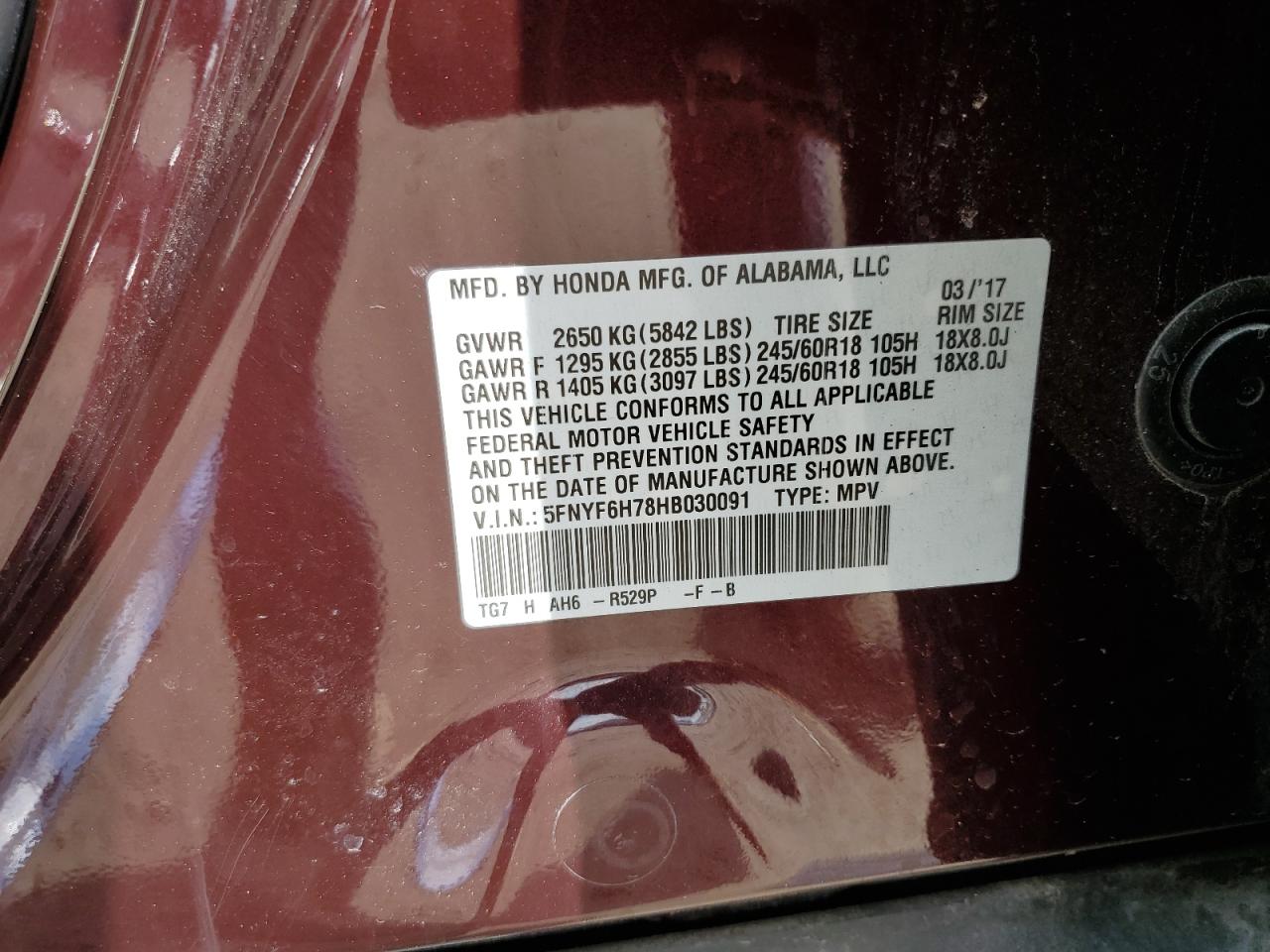 5FNYF6H78HB030091 2017 Honda Pilot Exln