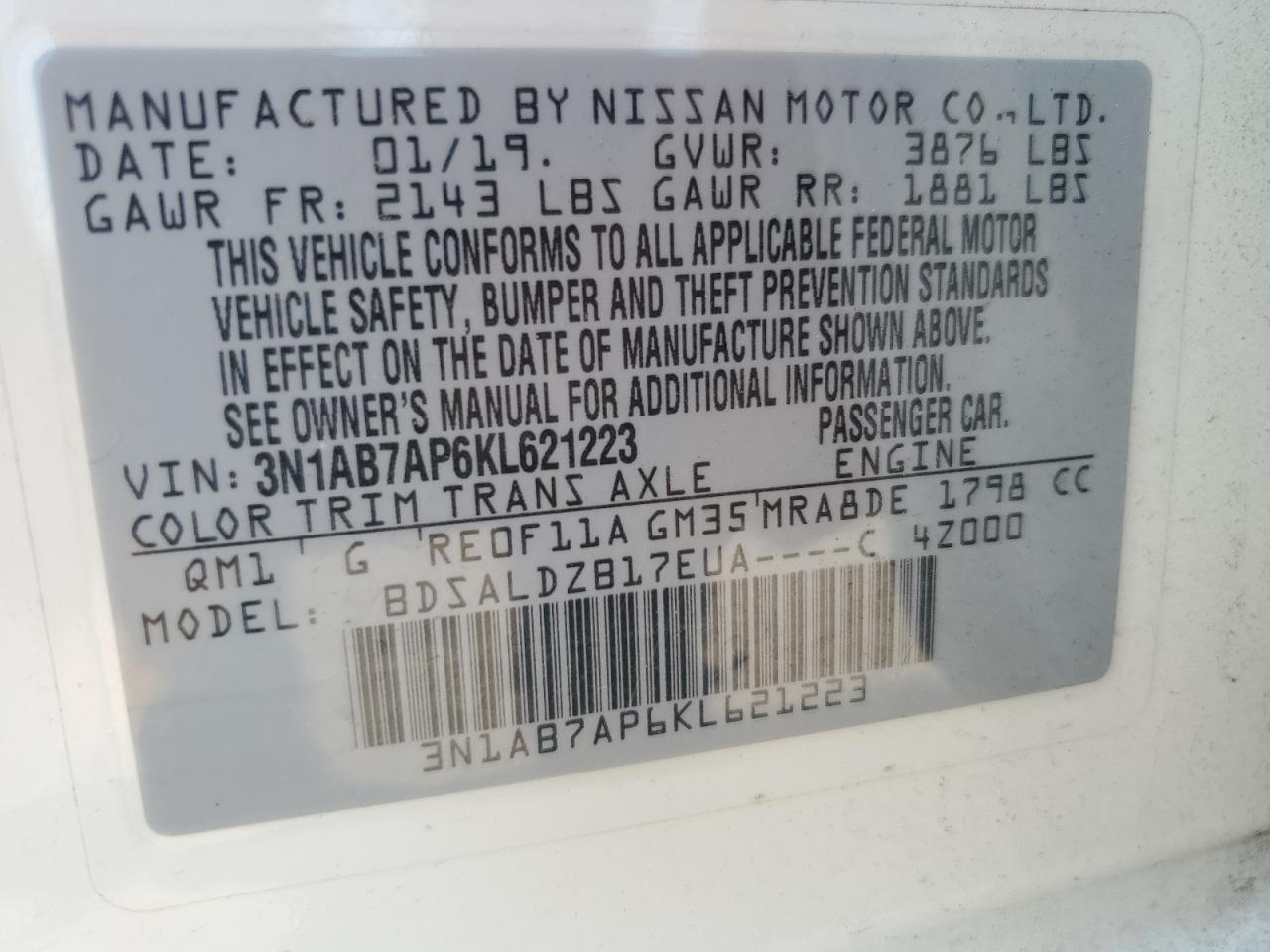 3N1AB7AP6KL621223 2019 Nissan Sentra S