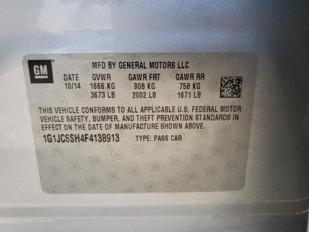 1G1JC6SH4F4138913 2015 Chevrolet Sonic Lt