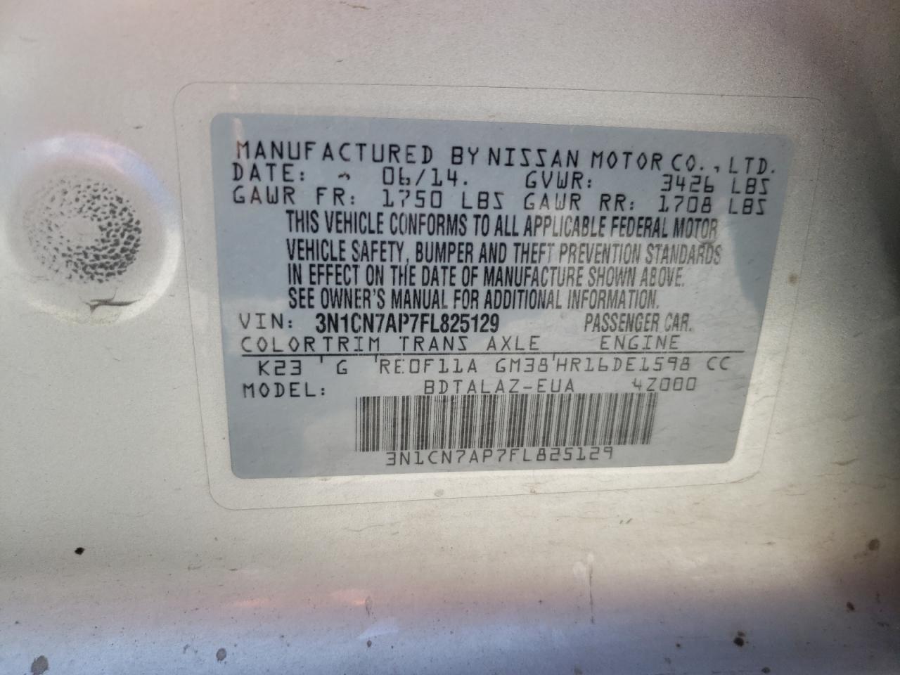 3N1CN7AP7FL825129 2015 Nissan Versa S