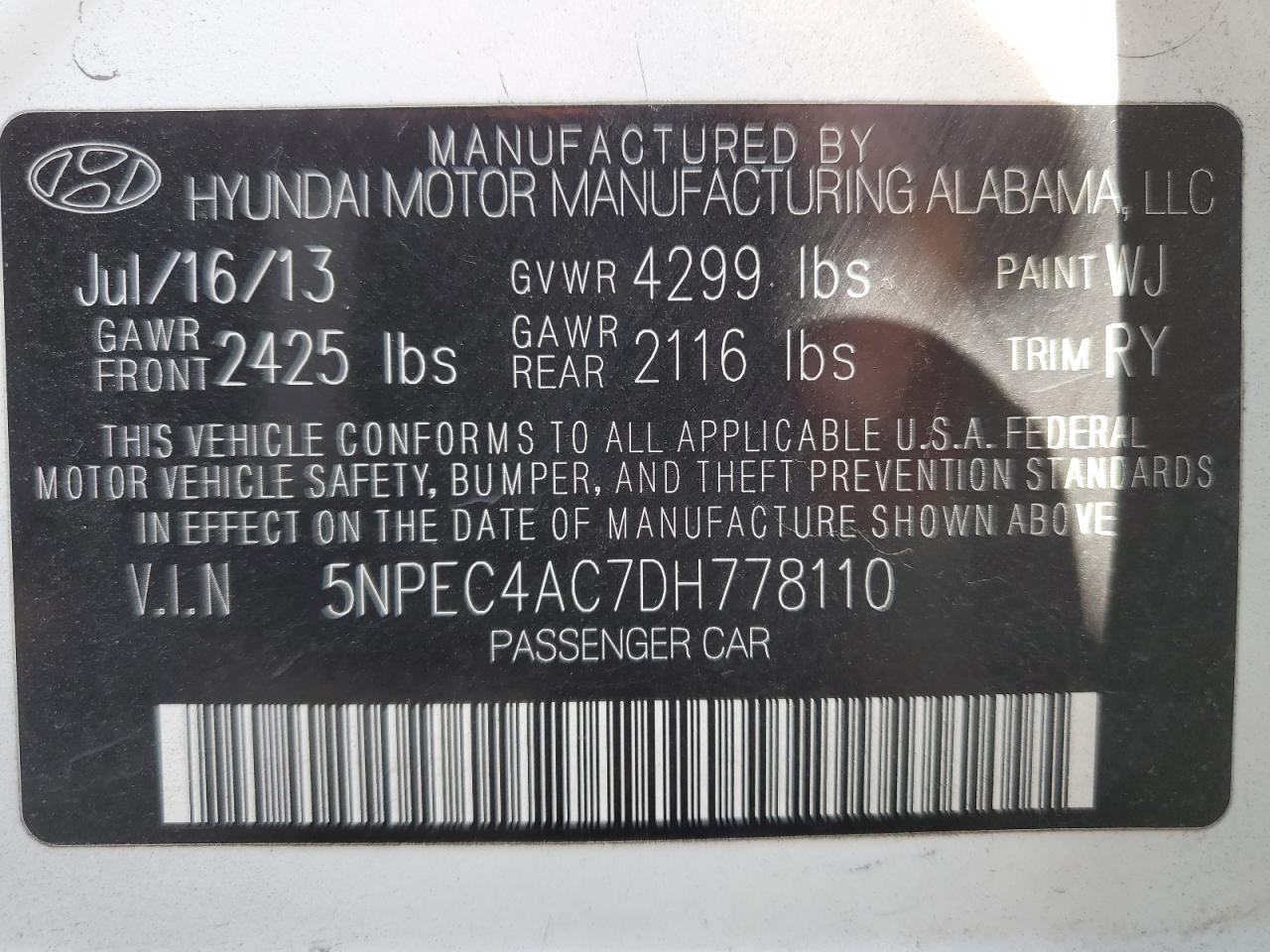 5NPEC4AC7DH778110 2013 Hyundai Sonata Se