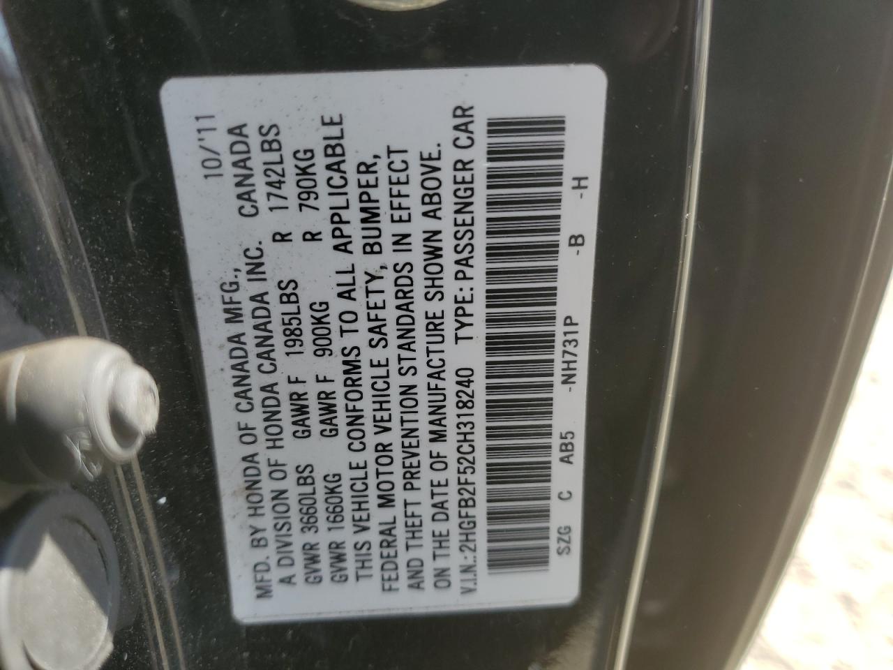 2HGFB2F52CH318240 2012 Honda Civic Lx