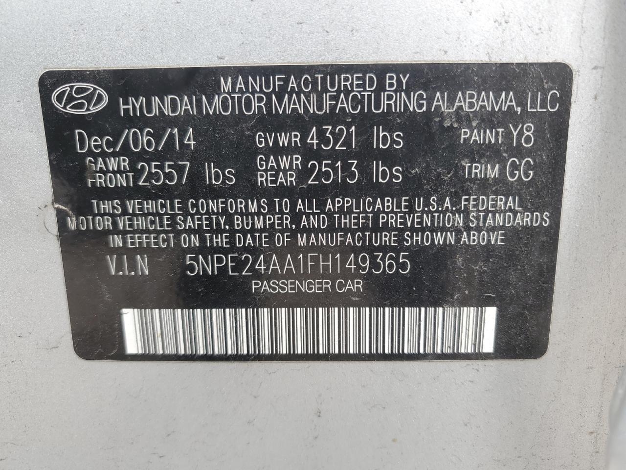 5NPE24AA1FH149365 2015 Hyundai Sonata Eco