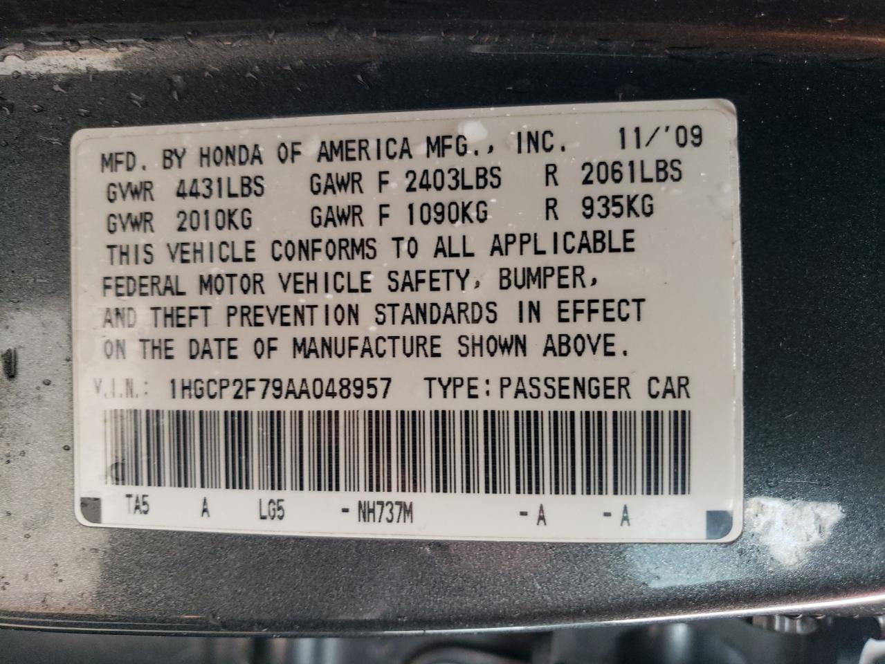 1HGCP2F79AA048957 2010 Honda Accord Ex