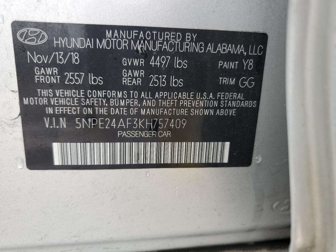 5NPE24AF3KH757409 2019 Hyundai Sonata Se