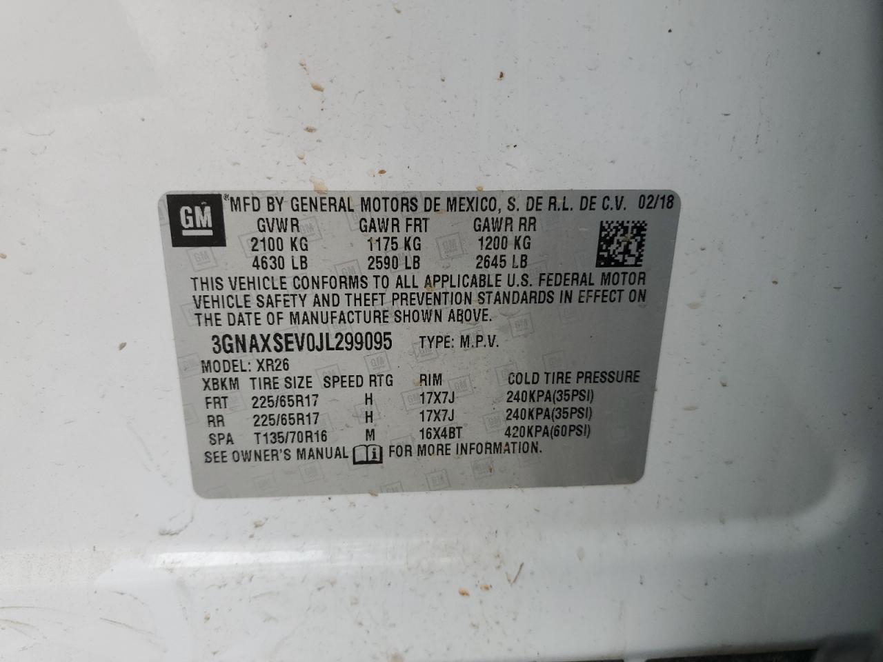 3GNAXSEV0JL299095 2018 Chevrolet Equinox Lt