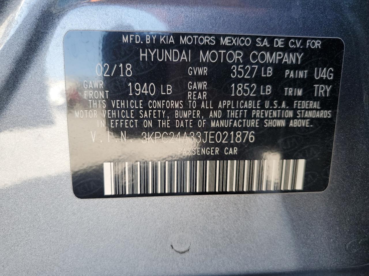 3KPC24A33JE021876 2018 Hyundai Accent Se