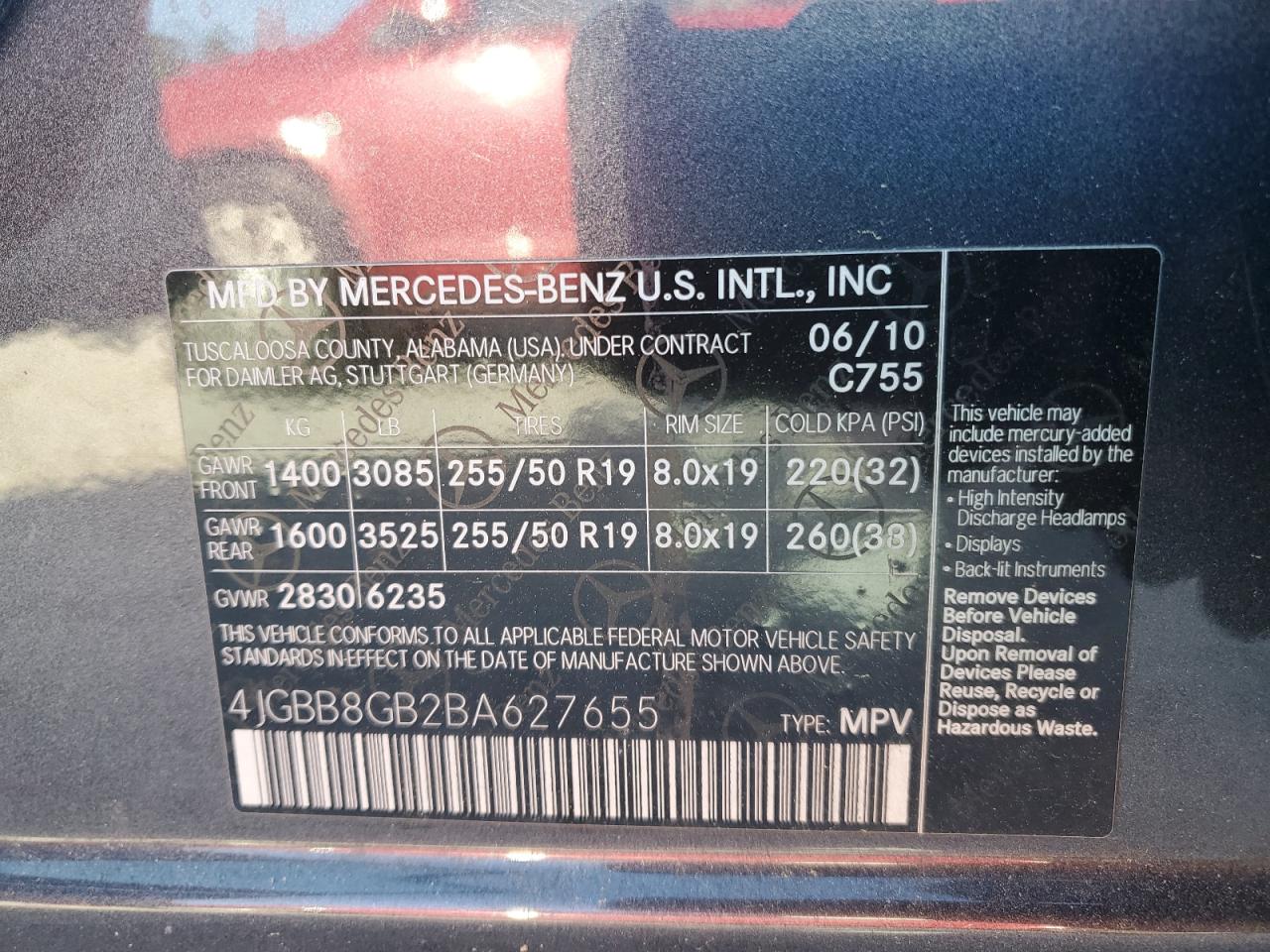 4JGBB8GB2BA627655 2011 Mercedes-Benz Ml 350 4Matic