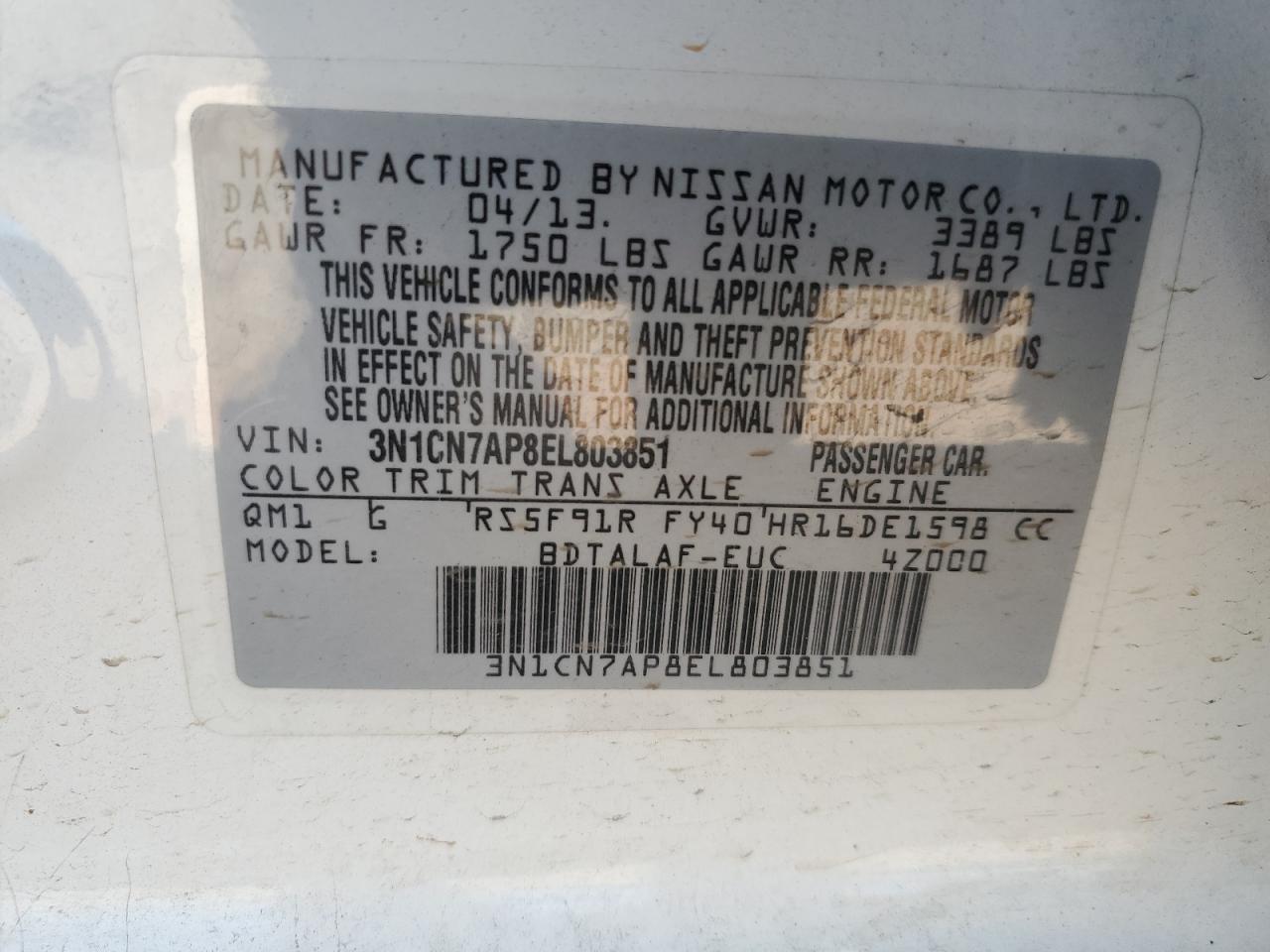 3N1CN7AP8EL803851 2014 Nissan Versa S