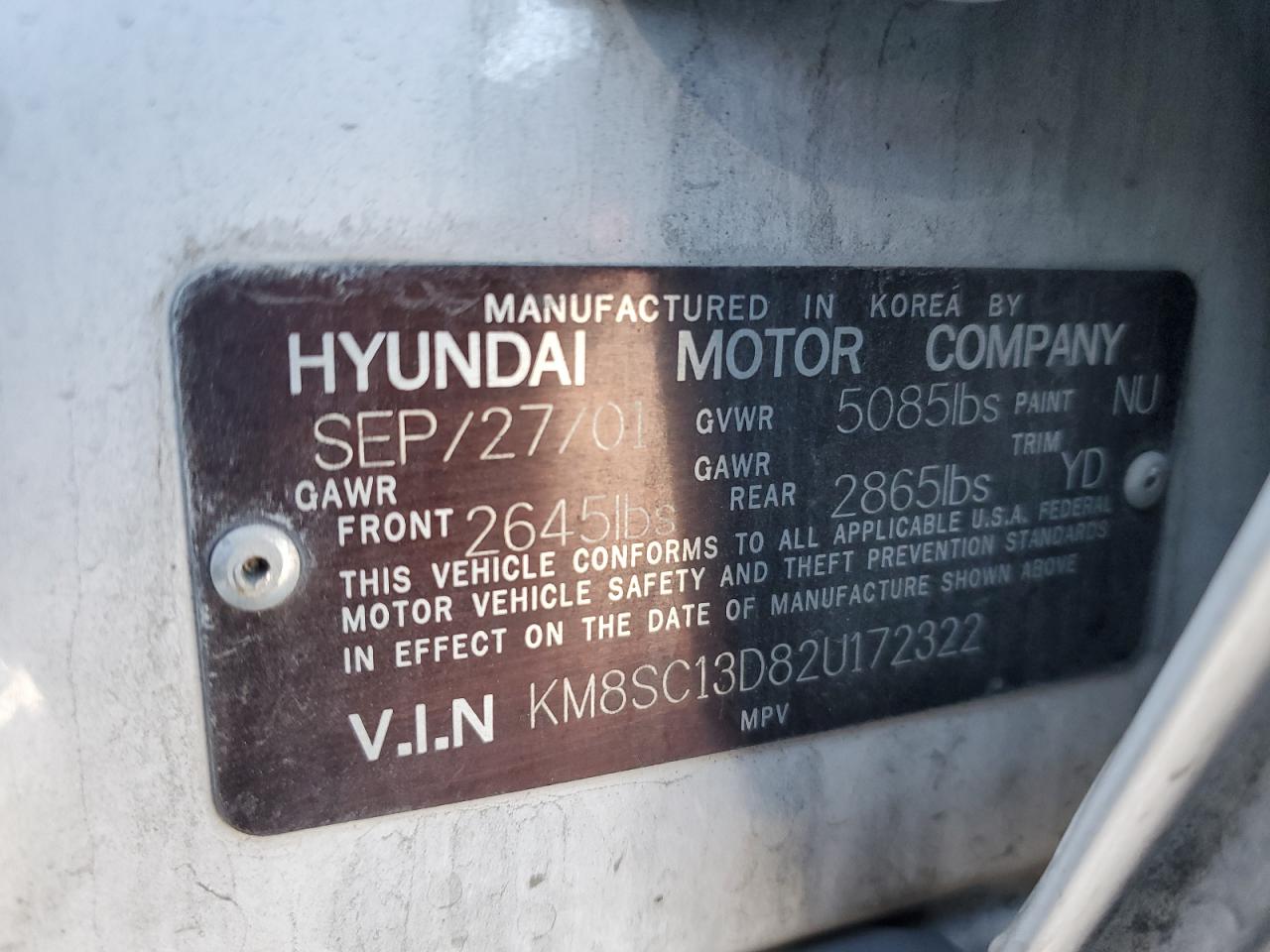 KM8SC13D82U172322 2002 Hyundai Santa Fe Gls