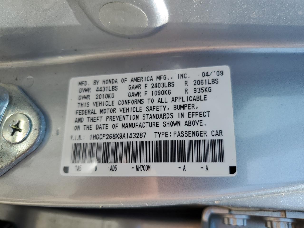 1HGCP268X9A143287 2009 Honda Accord Exl