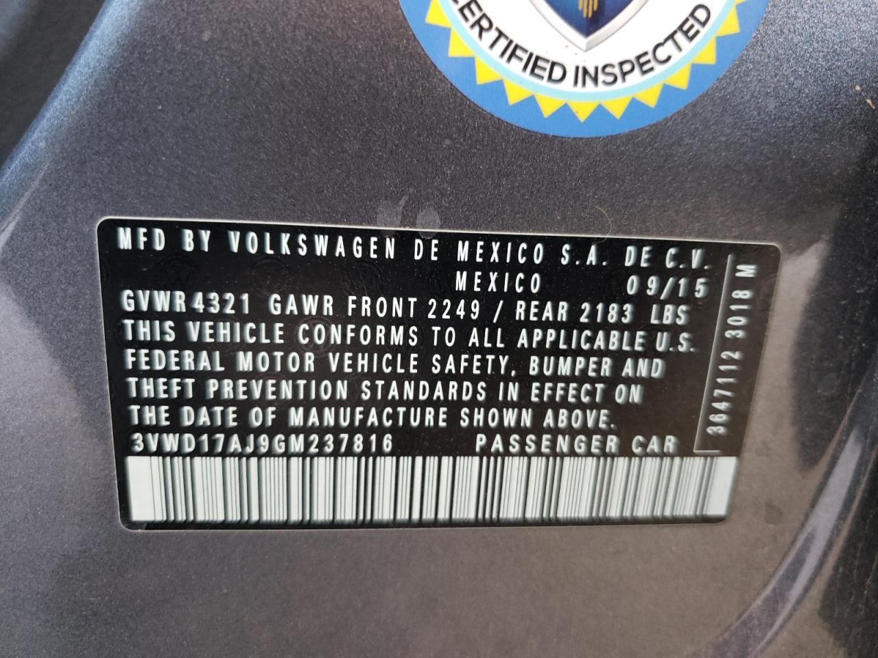 3VWD17AJ9GM237816 2016 Volkswagen Jetta Sport