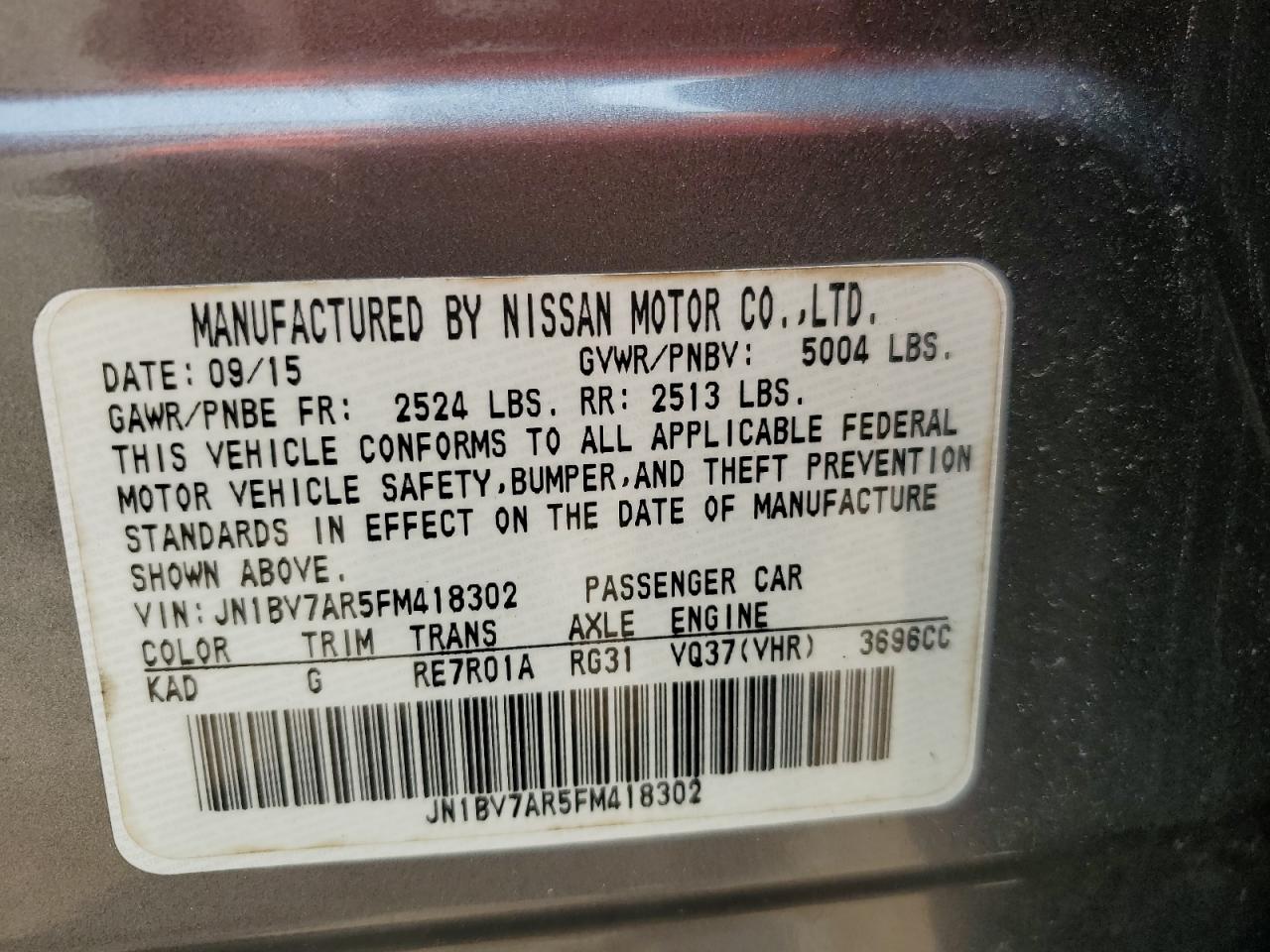 JN1BV7AR5FM418302 2015 Infiniti Q50 Base