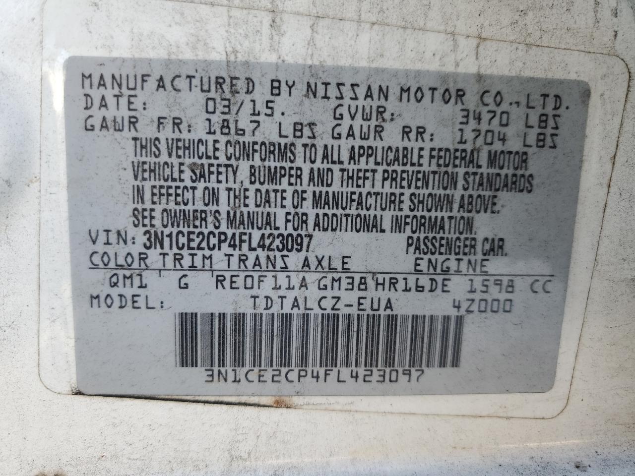 3N1CE2CP4FL423097 2015 Nissan Versa Note S