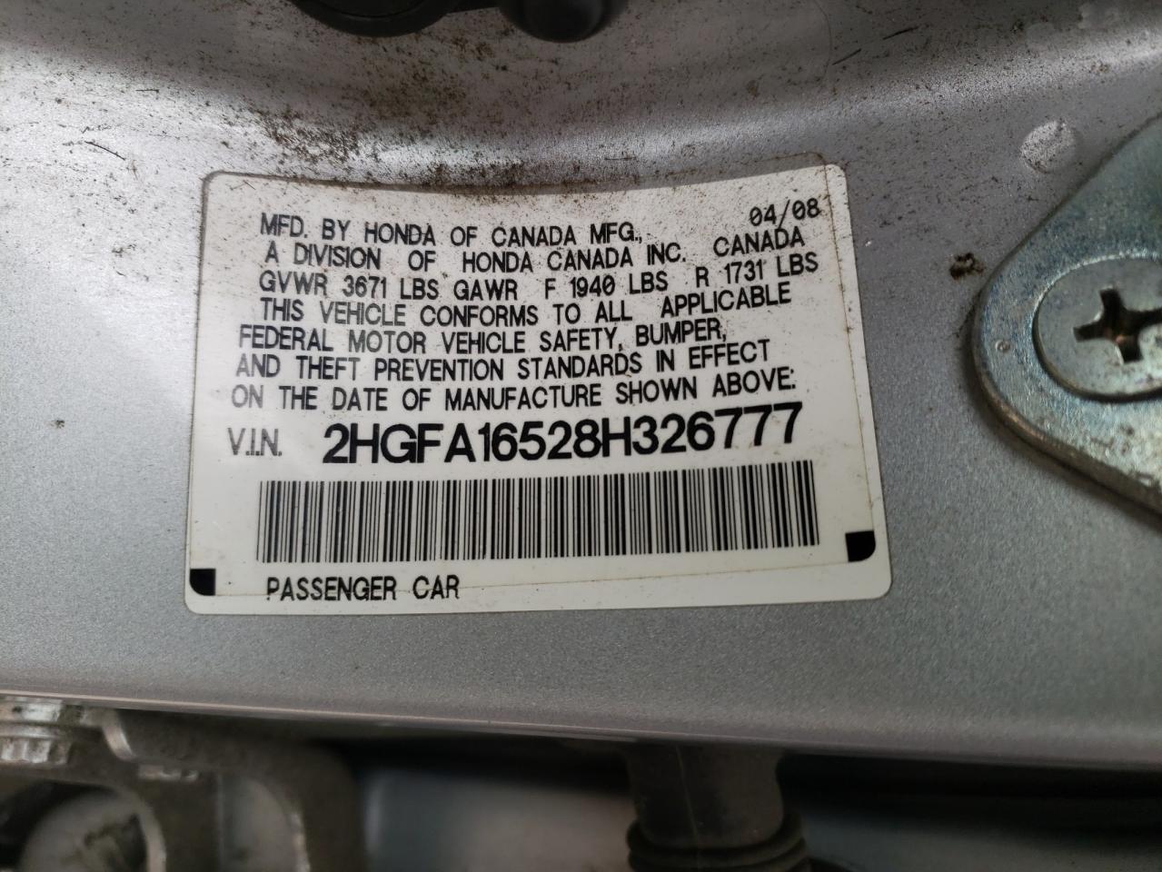 2HGFA16528H326777 2008 Honda Civic Lx