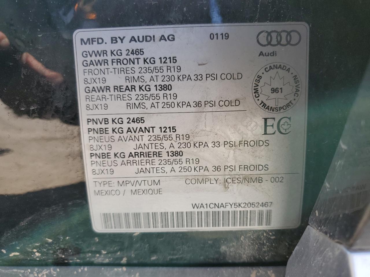 WA1CNAFY5K2052467 2019 Audi Q5 Prestige