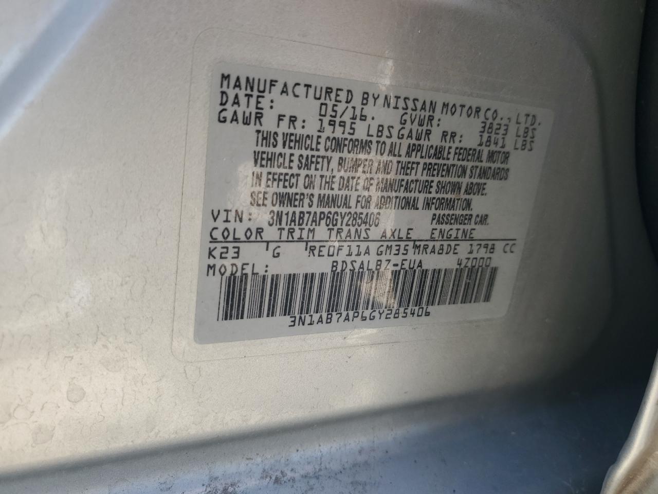 3N1AB7AP6GY285406 2016 Nissan Sentra S