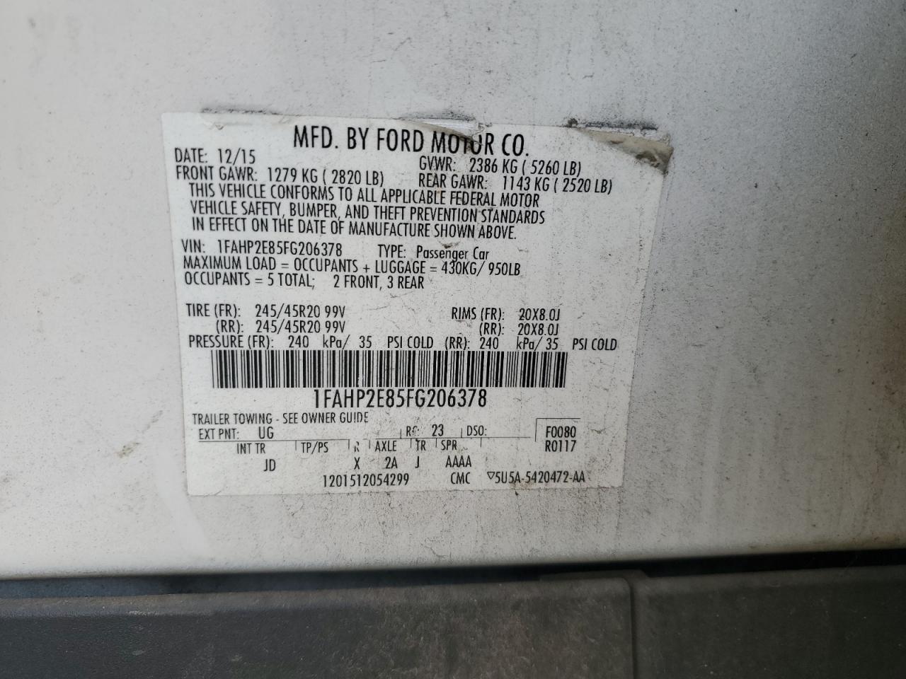 1FAHP2E85FG206378 2015 Ford Taurus Sel