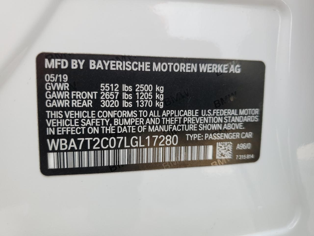 WBA7T2C07LGL17280 2020 BMW 740 I