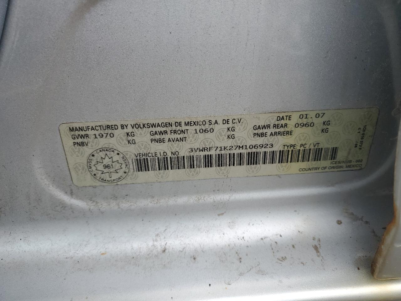 3VWRF71K27M106923 2007 Volkswagen Jetta 2.5 Option Package 1