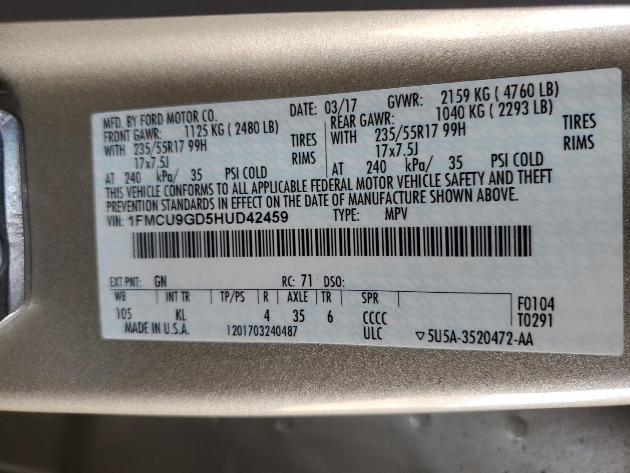 1FMCU9GD5HUD42459 2017 Ford Escape Se