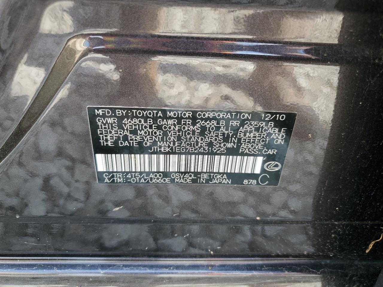 JTHBK1EG7B2431925 2011 Lexus Es 350