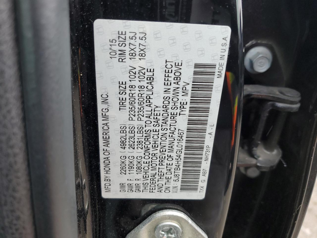 5J8TB4H54GL016467 2016 Acura Rdx Technology