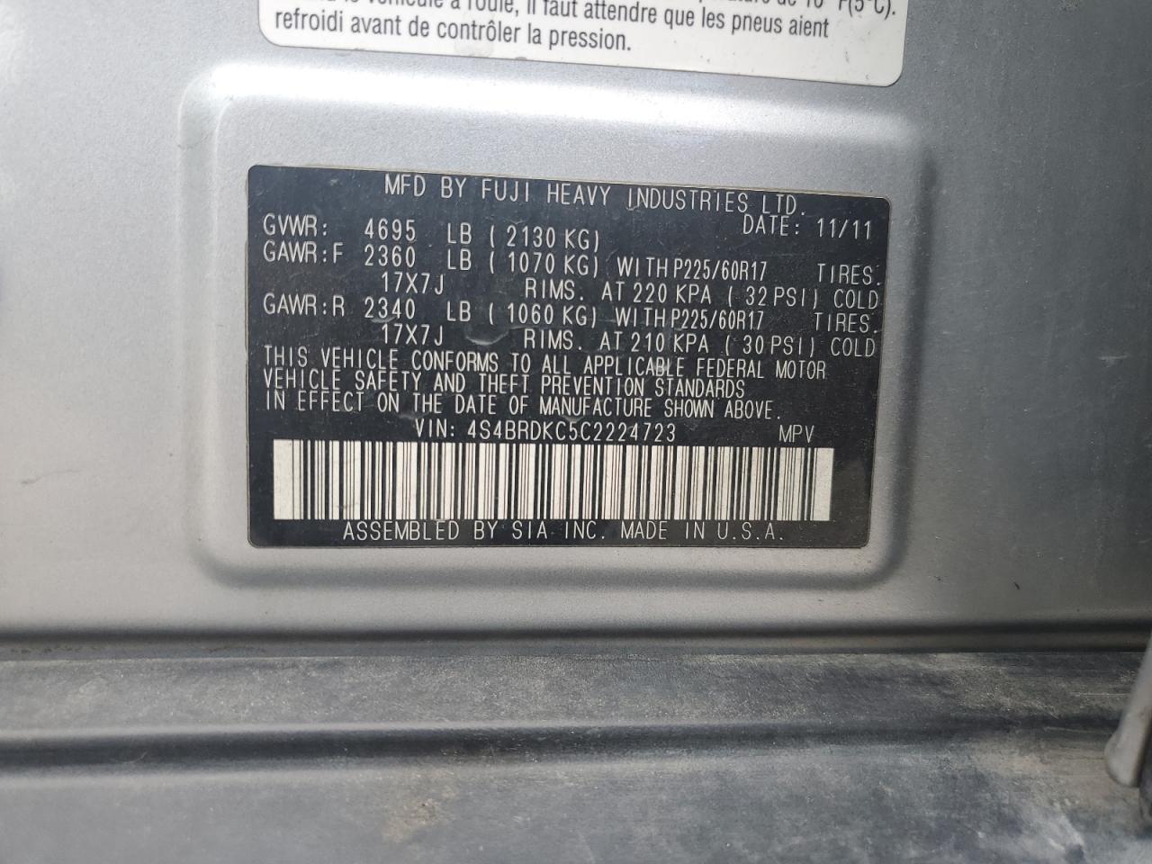 4S4BRDKC5C2224723 2012 Subaru Outback 3.6R Limited