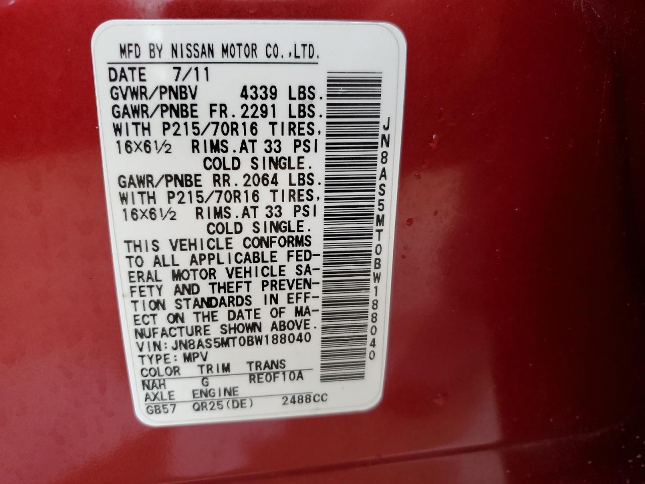 JN8AS5MT0BW188040 2011 Nissan Rogue S