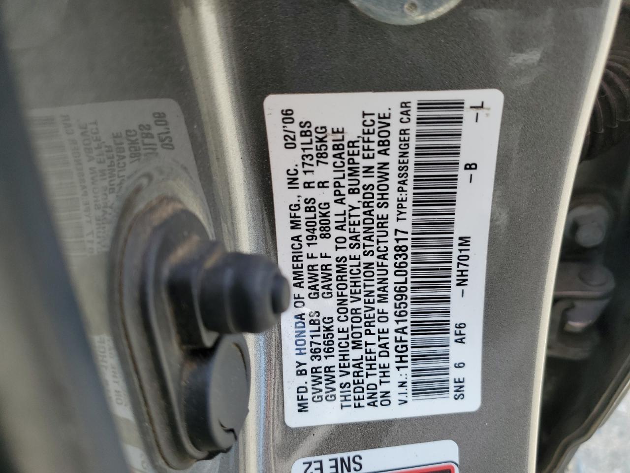 1HGFA16596L063817 2006 Honda Civic Lx