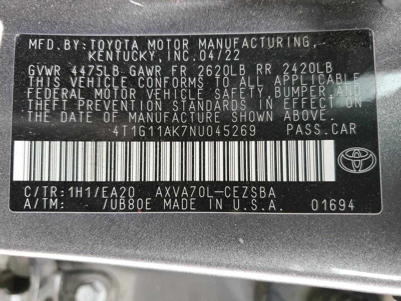 2022 Toyota Camry Se vin: 4T1G11AK7NU045269