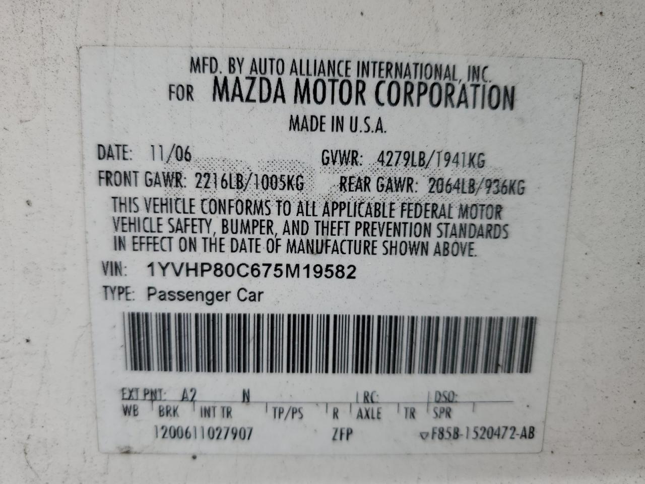 1YVHP80C675M19582 2007 Mazda 6 I