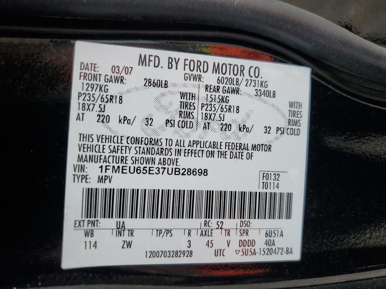 1FMEU65E37UB28698 2007 Ford Explorer Limited