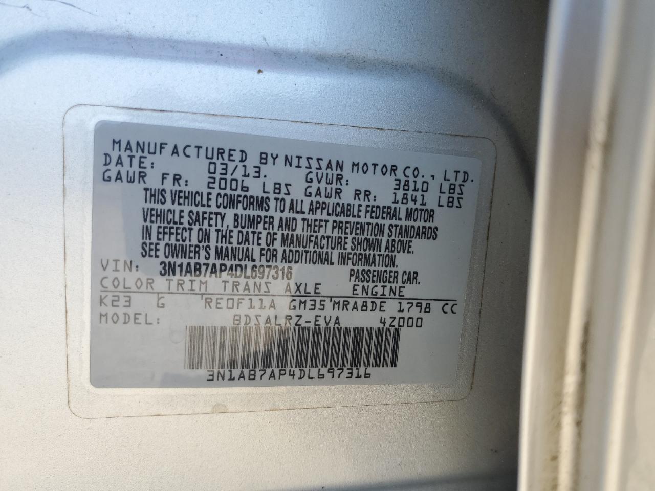 3N1AB7AP4DL697316 2013 Nissan Sentra S