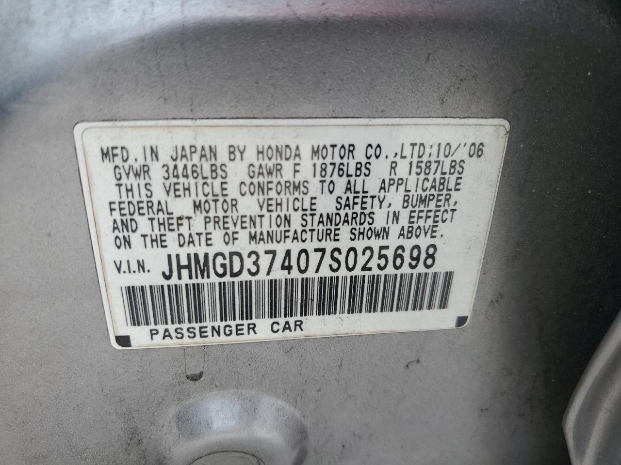 JHMGD37407S025698 2007 Honda Fit