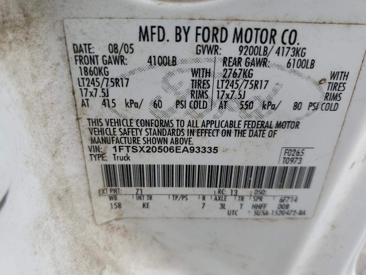 1FTSX20506EA93335 2006 Ford F250 Super Duty