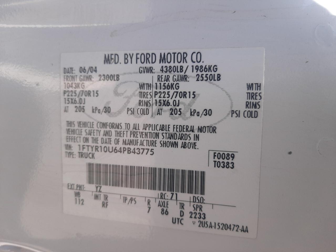 1FTYR10U64PB43775 2004 Ford Ranger