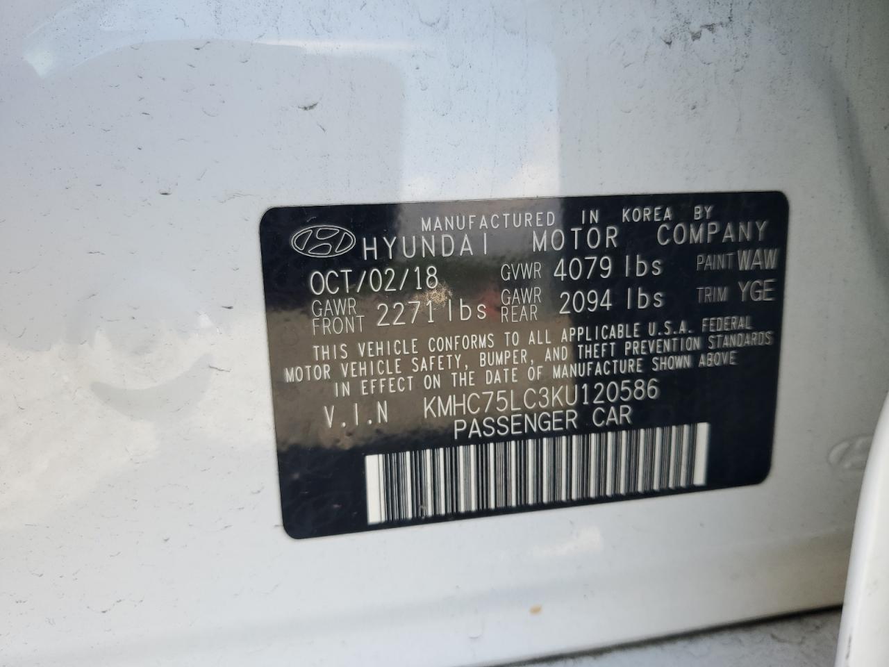 KMHC75LC3KU120586 2019 Hyundai Ioniq Sel