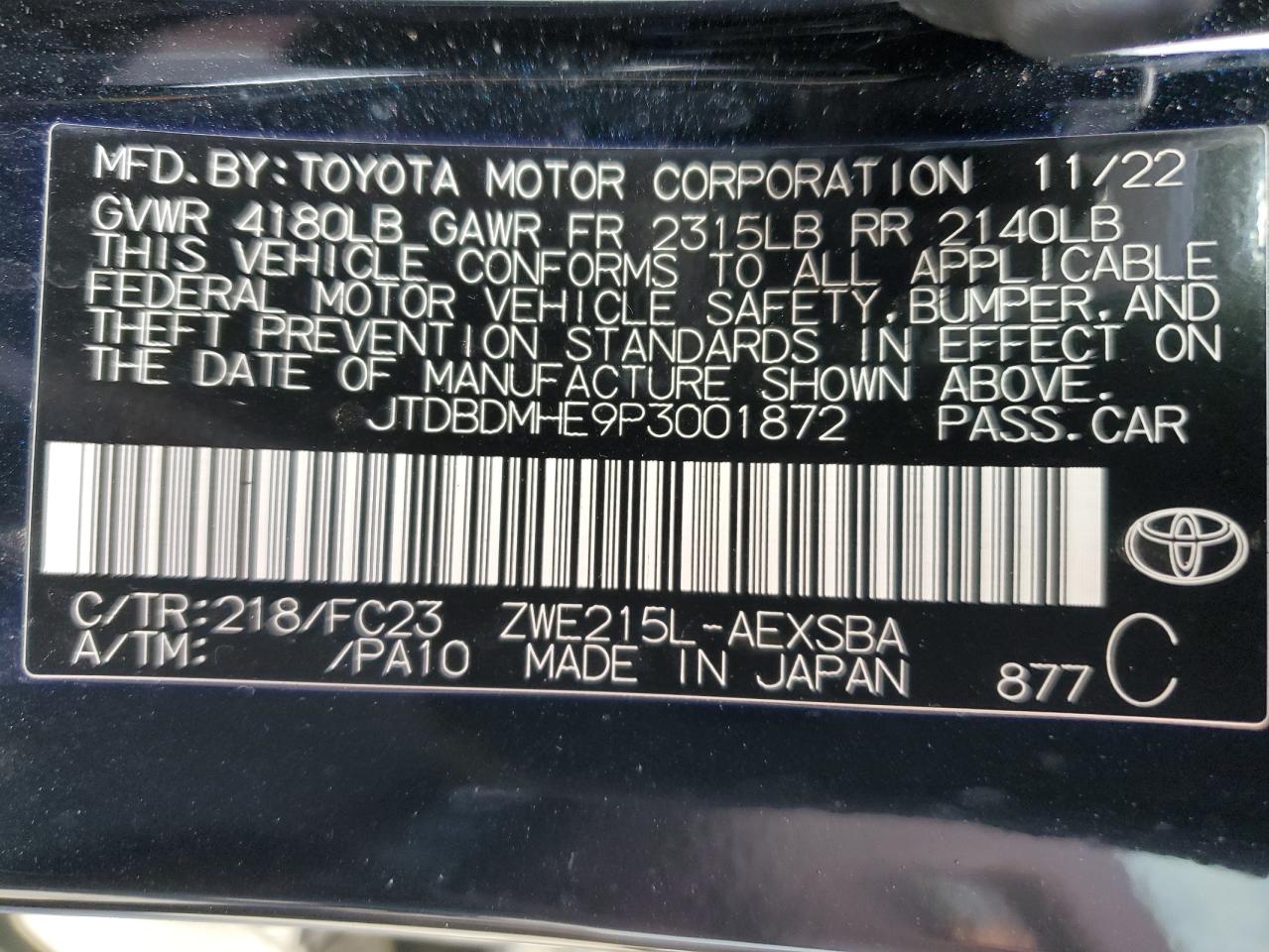 2023 Toyota Corolla Le vin: JTDBDMHE9P3001872