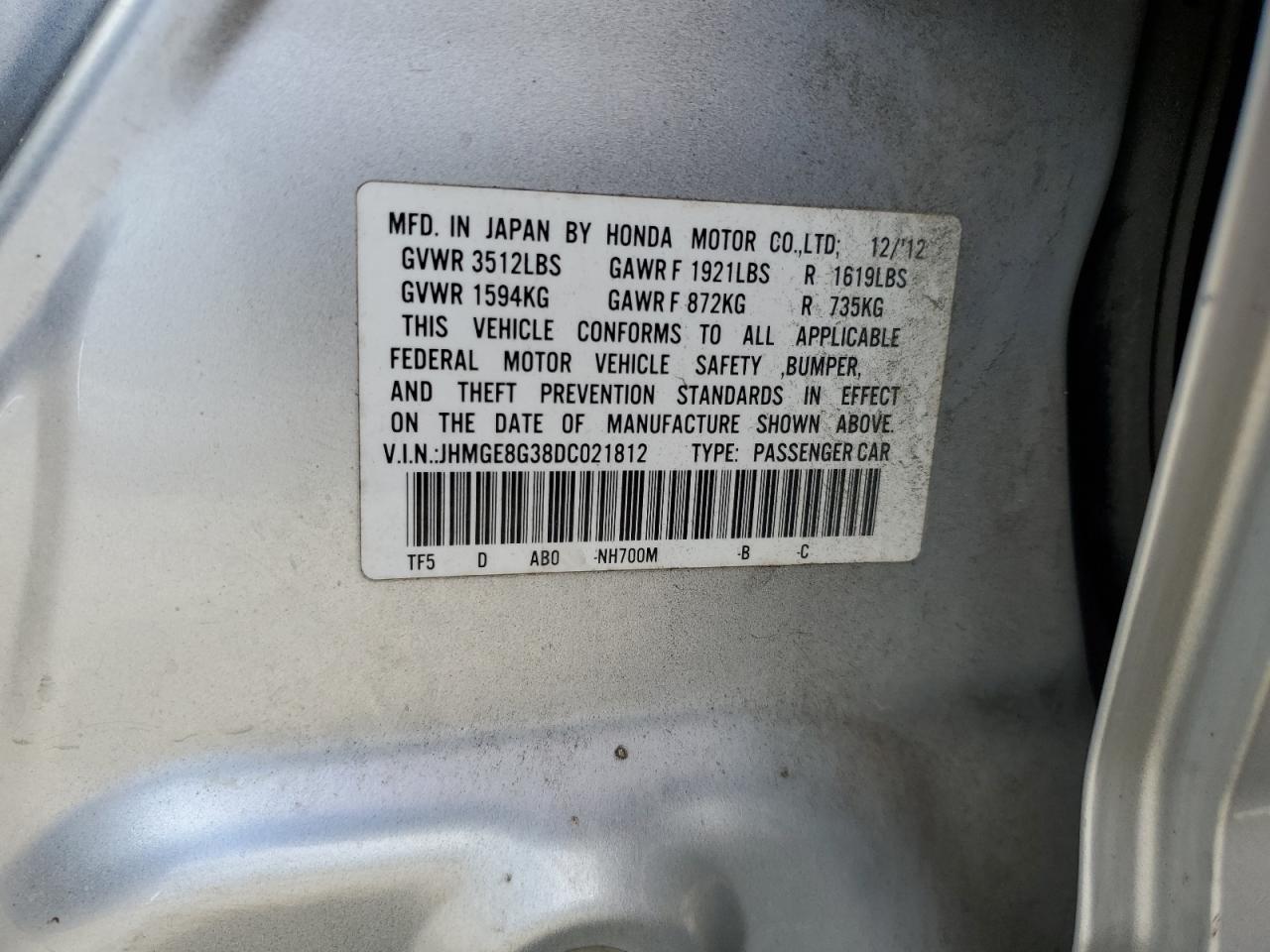 JHMGE8G38DC021812 2013 Honda Fit